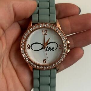 Large Face Love infinity Rhinestone ladies watch Rose Gold toned Green band